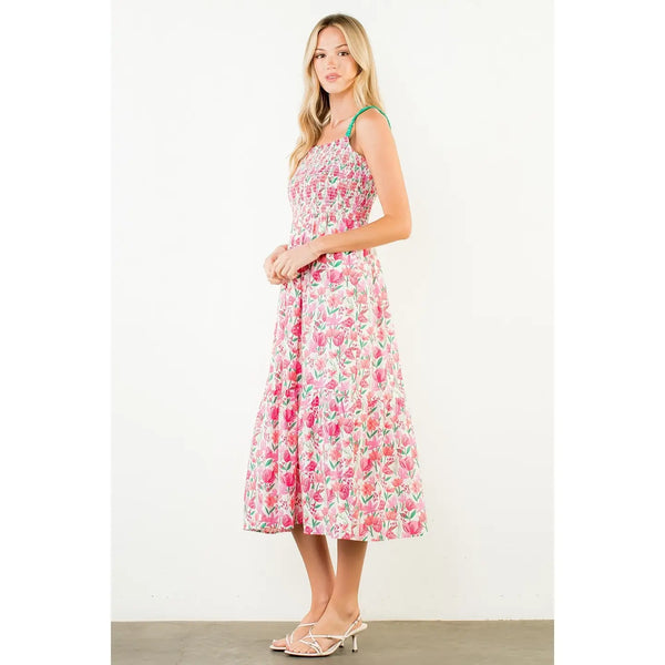 Pink Floral Print Smocked Bodice Tiered Maxi Dress