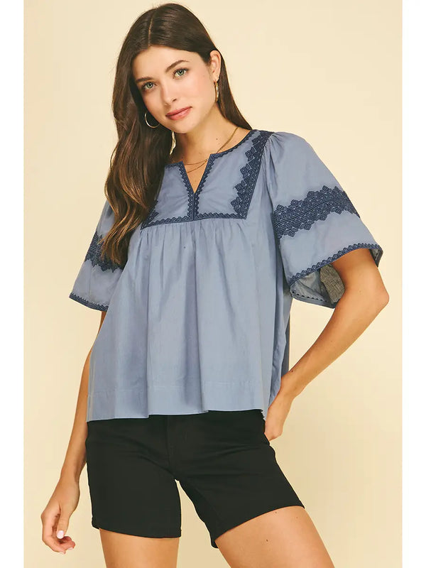 Boho Embroidred Blue Puff Sleeve Blouse