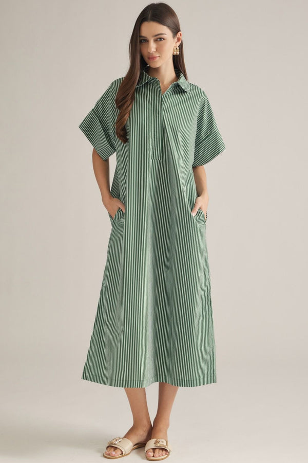 Green Stripe Shirt-Style Midi Dress featuring Side Slits