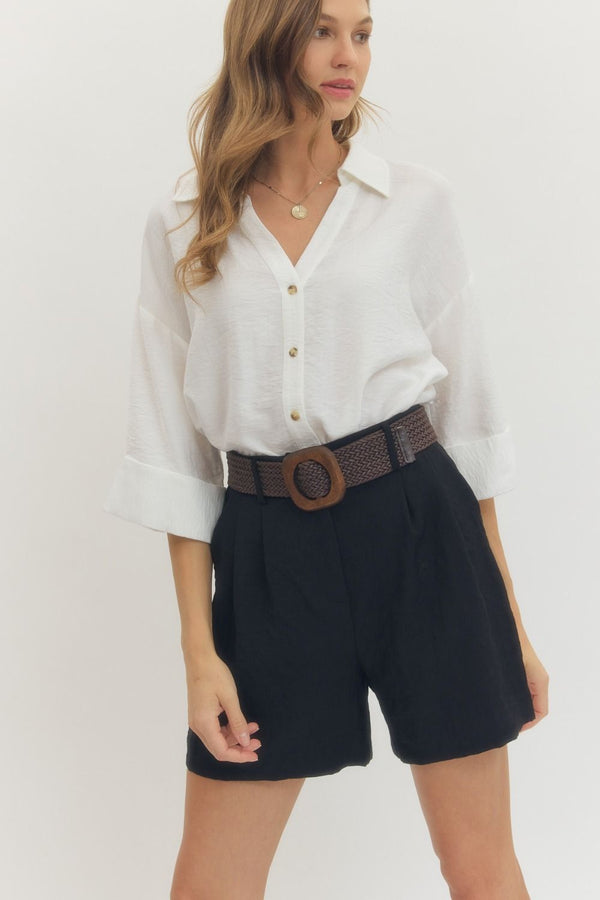 Solid Black Front Shorts w Belt