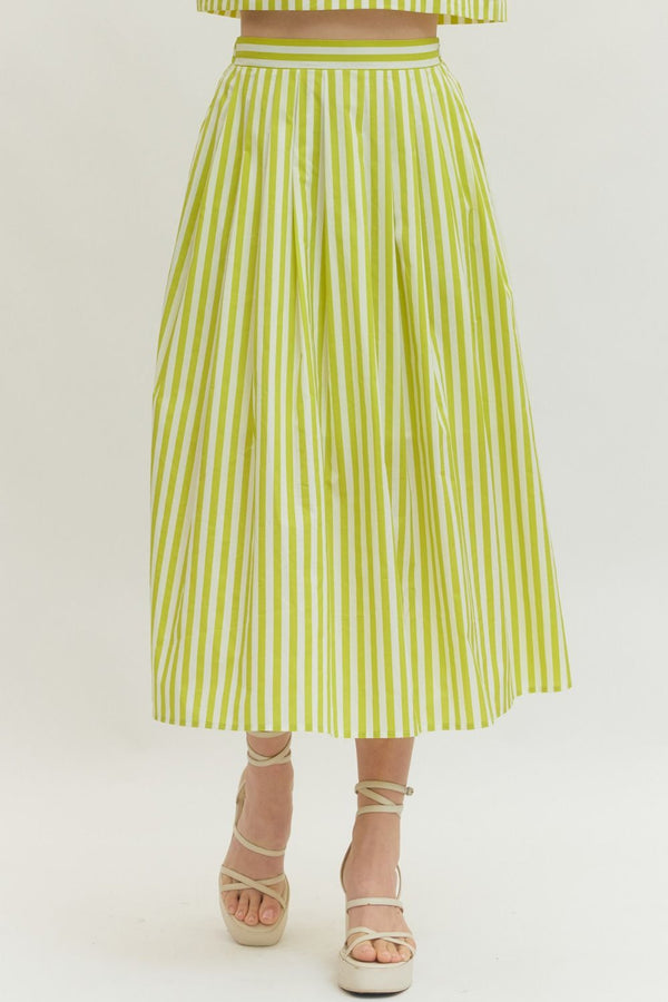 Lime Striped Midi Skirt w Elasticated Waistband