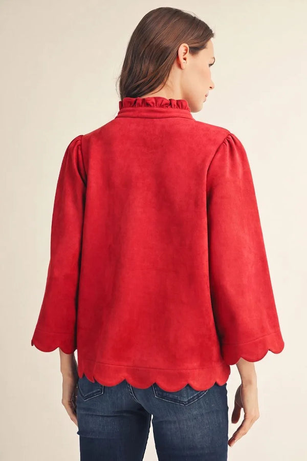 Faux Red Suede Top w 3/4 Sleeves & Scallop Edge