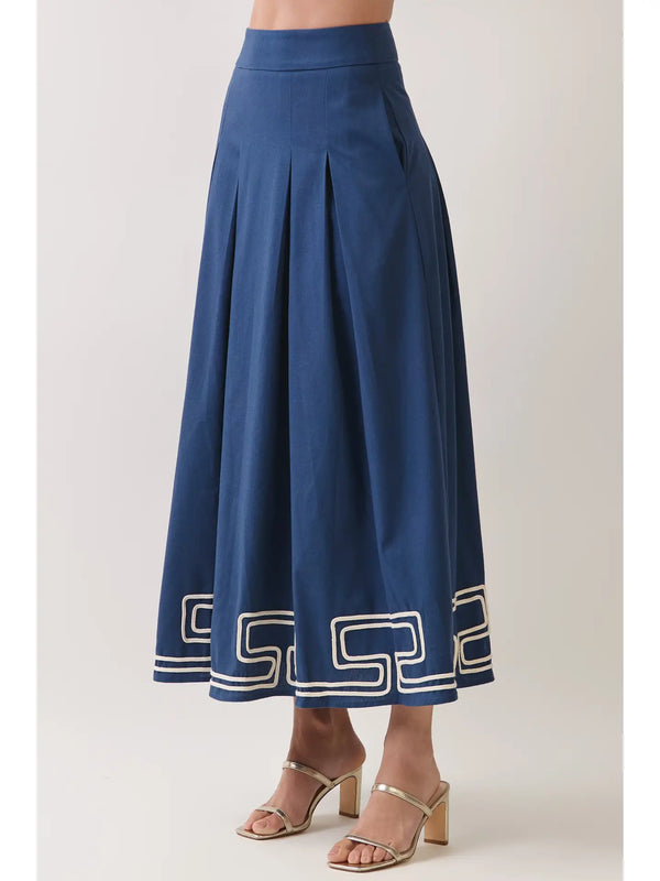 Navy Embroidered Border Pleated Maxi Skirt