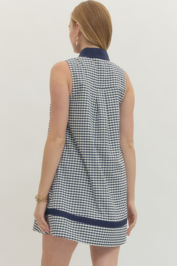 Navy Gingham Sleeveless Mini Dress w Contrast Trim