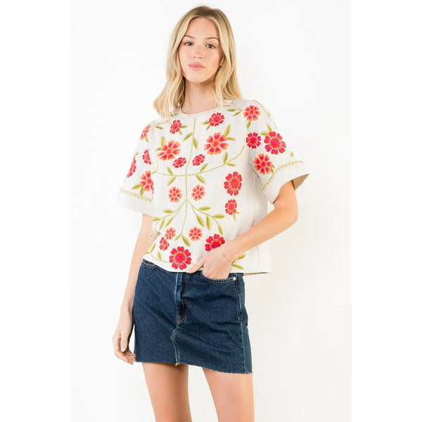 Short Sleeve Floral Embroidery Detail Top Beige