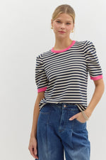 Navy Striped Top w/ Hot Pink Trim