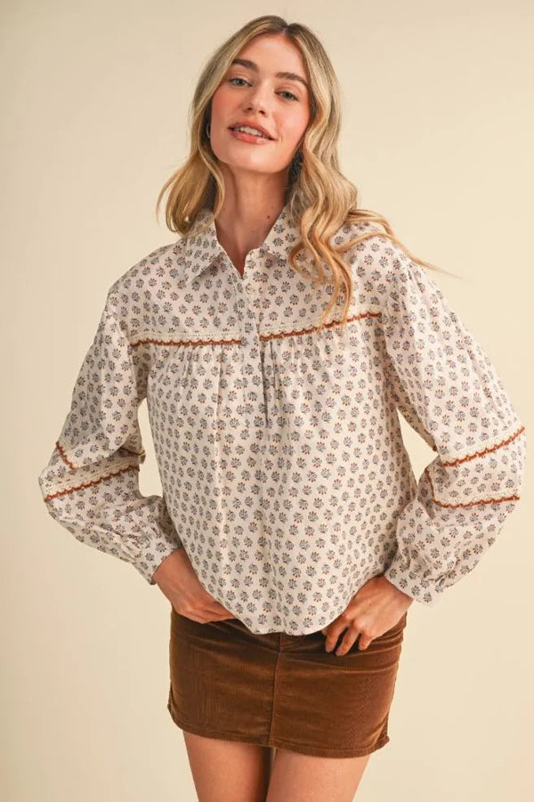 Cream Floral Lace Trim Button Up Top w Long Puff Sleeves