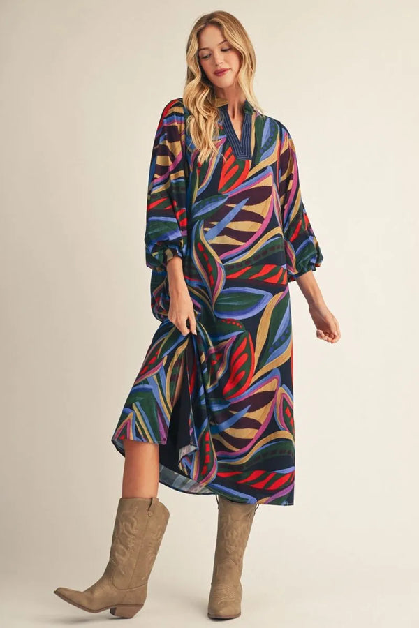 Navy Puff Sleeves Boho Floral Midi Dress
