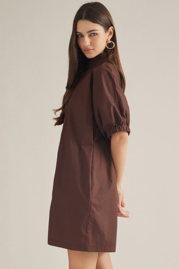 Solid Brown Short Puff Sleeve Mini Dress