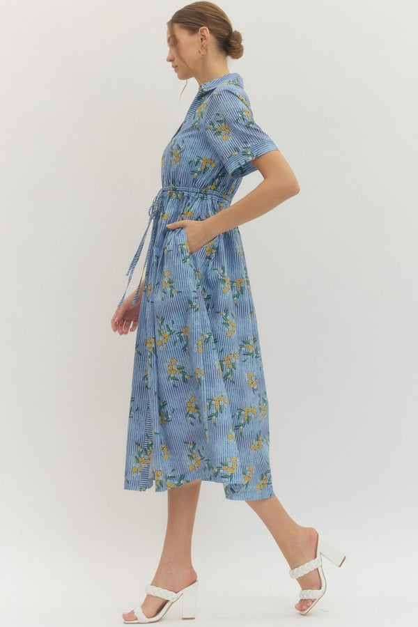 Striped Blue Floral Print Midi Dress Featuring Shirt Collar w Drawstring Waist