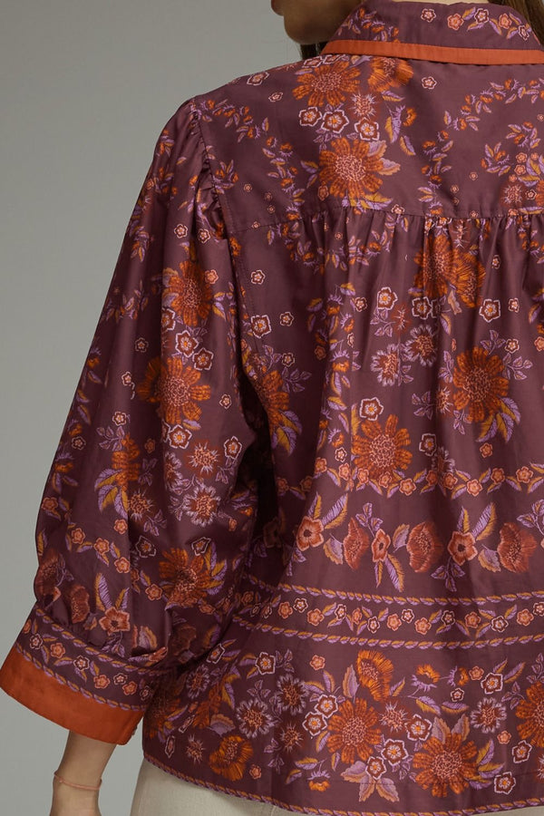 Wine Floral Print ¾ Sleeve Top w Contrast Trim