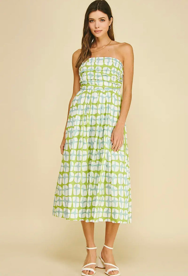 Geometric Print MIDI Dress | Aqua Green