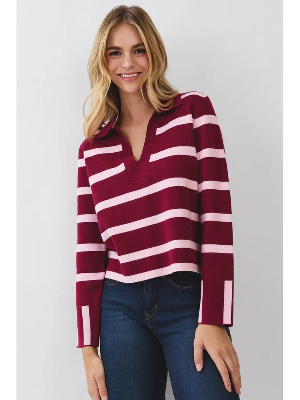 Striped Knit Polo Sweater | Burgundy/Pink