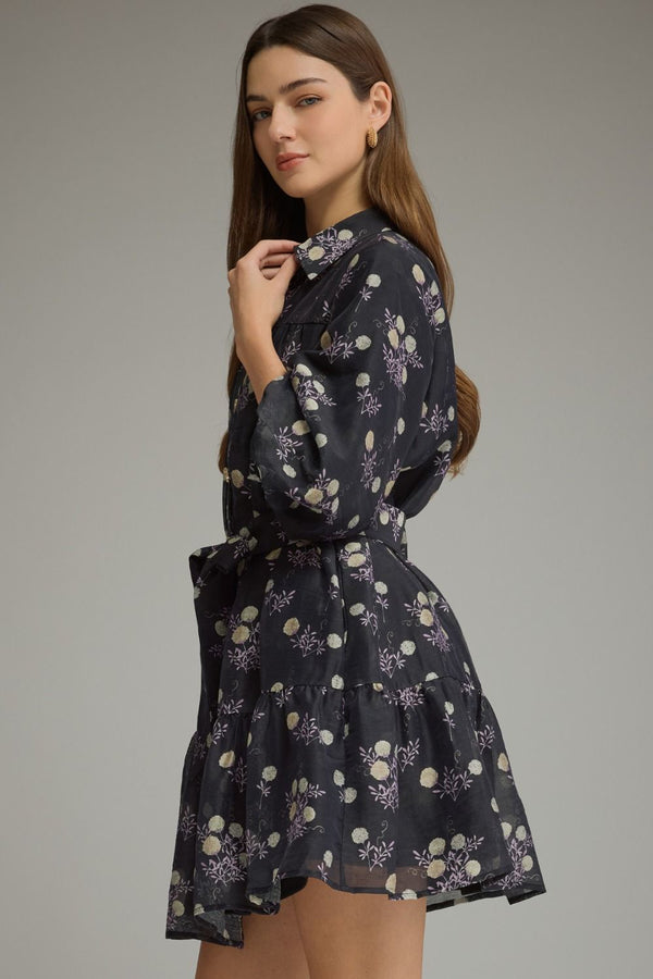 Lined Black & Purple Floral Print ¾ Balloon Sleeve Mini Dress