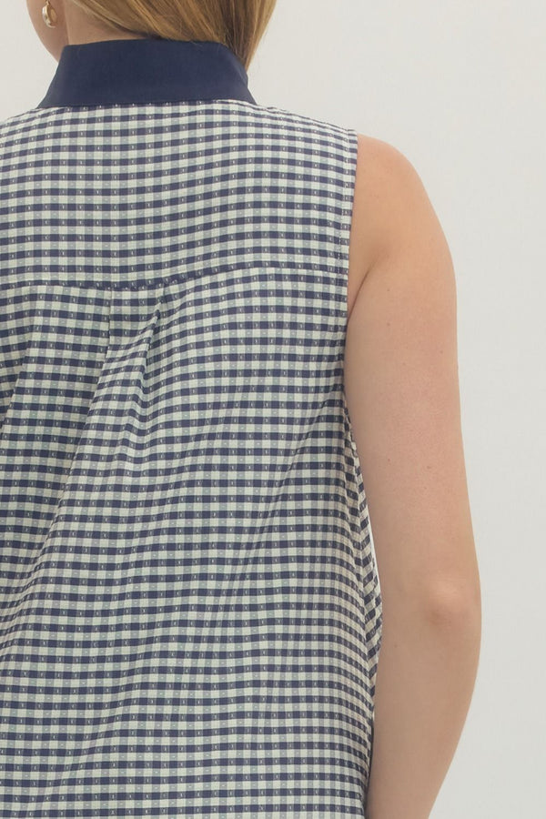 Navy Gingham Sleeveless Mini Dress w Contrast Trim