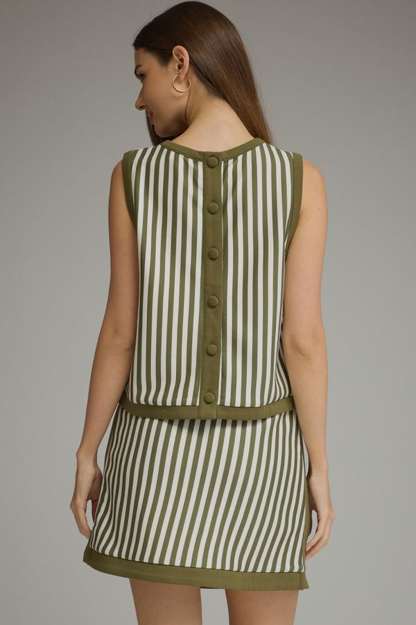 Olive Stripe Sleeveless Round-Neck Top w Contrast Trim