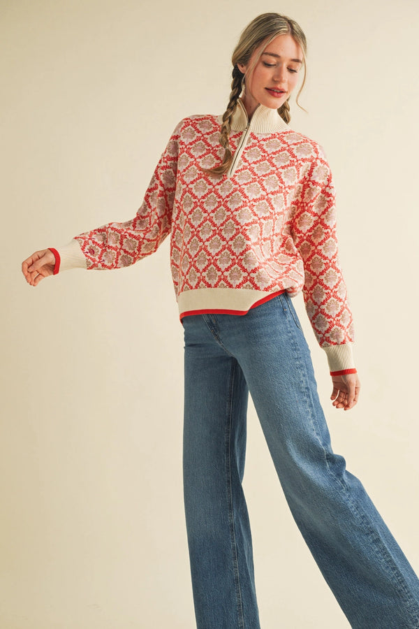 Floral Mock Neck Half Zip Pullover: Cream Orange