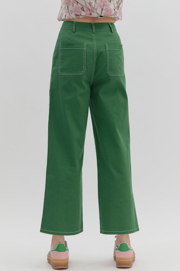 Emerald High-Waist Pants w Exposed Stitch Detail and Patch Pockets