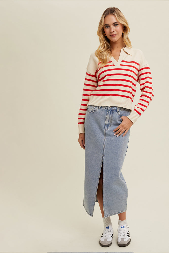 Red/Cream Striped Collared Sweater