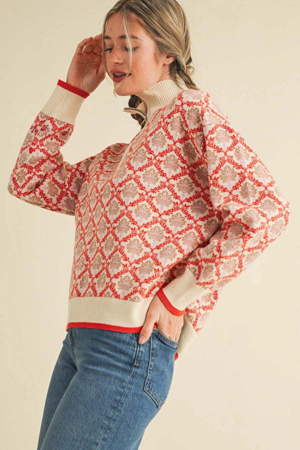Floral Mock Neck Half Zip Pullover: Cream Orange