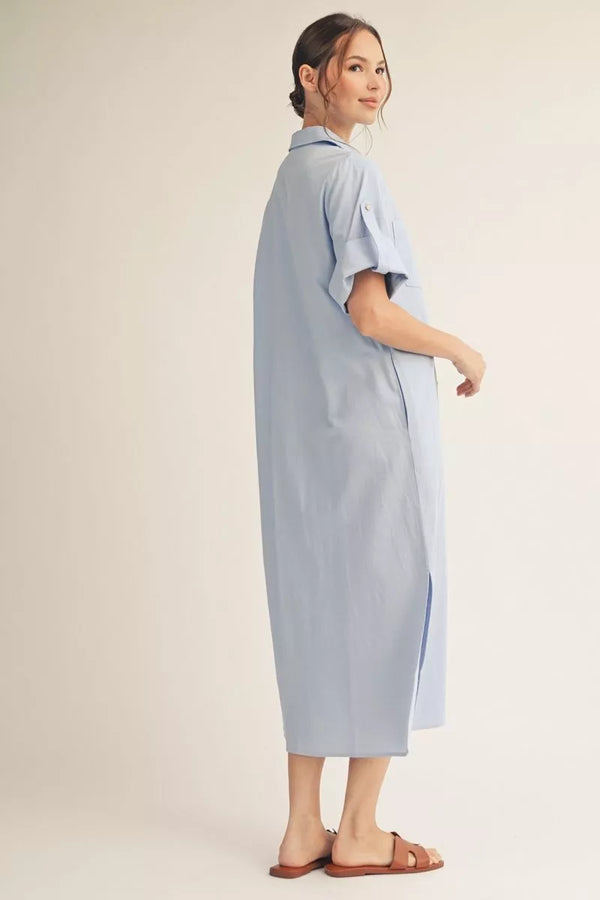 Roll Up Blue Sleeves Button Down Dress