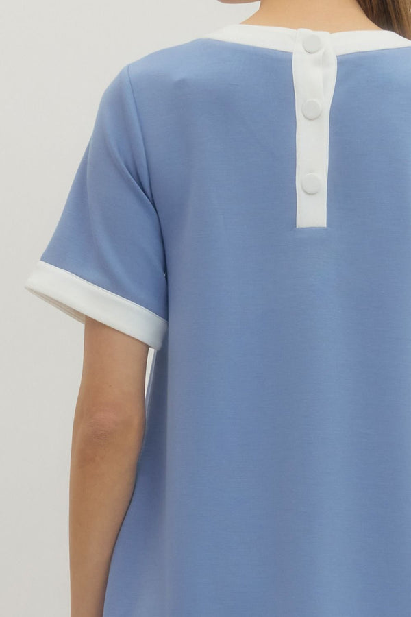 Solid Chambray Mini Dress w Contrast Trim