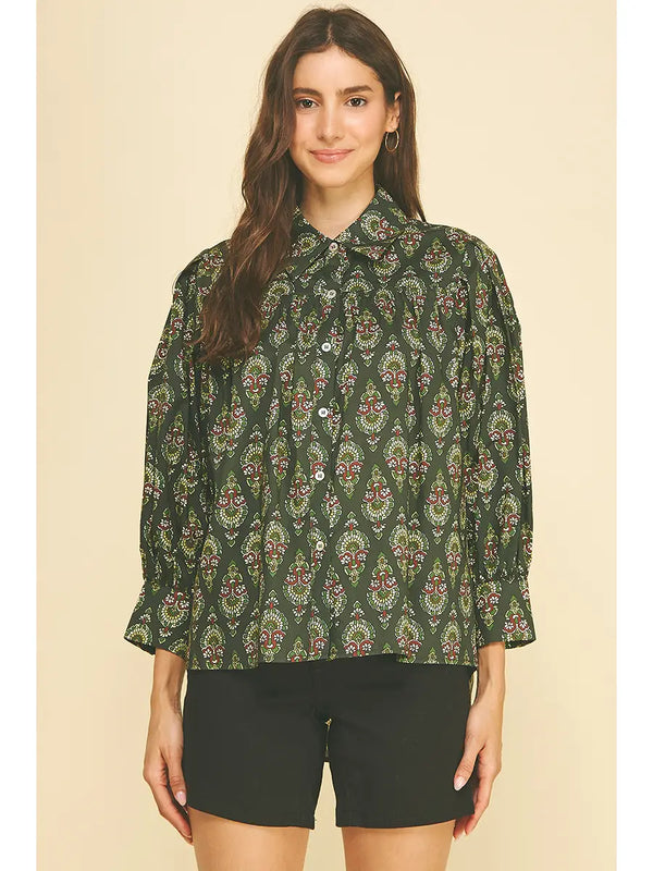 Geometric and Damask Print Button Down Shirt | Deep Green