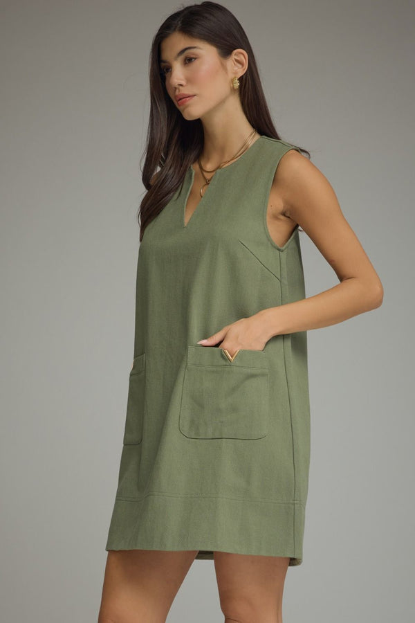 Olive Mini Dress Featuring Front Pockets With Metal Accent