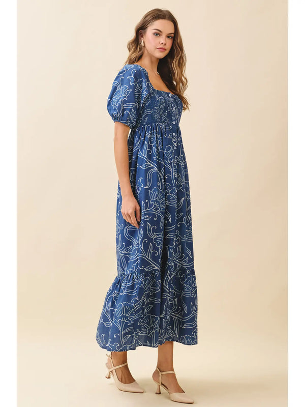 Floral Print Smocked Bodice Square Neck Maxi Dress Navy