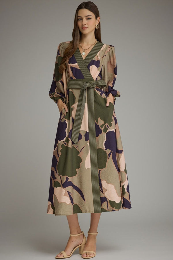 Olive Printed Long Balloon Sleeve Midi Dress
