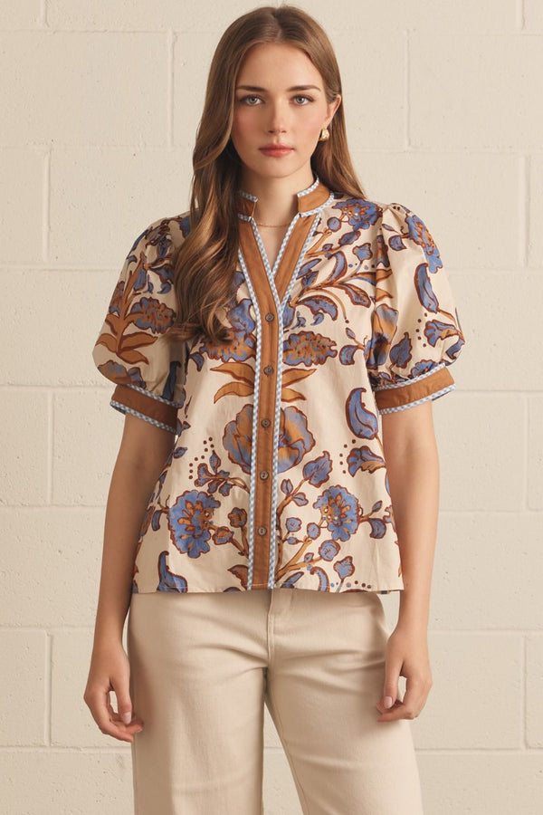 Ecru & Floral Print Puff Sleeve Top featuring Contrast Binding
