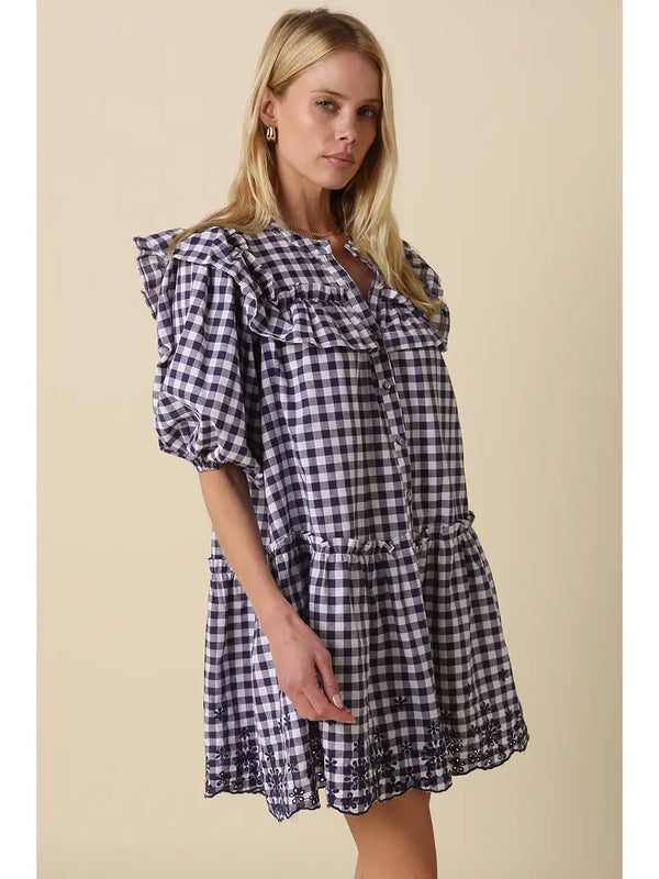 Sidney Gingham Ruffle Tiered Dress | White Navy