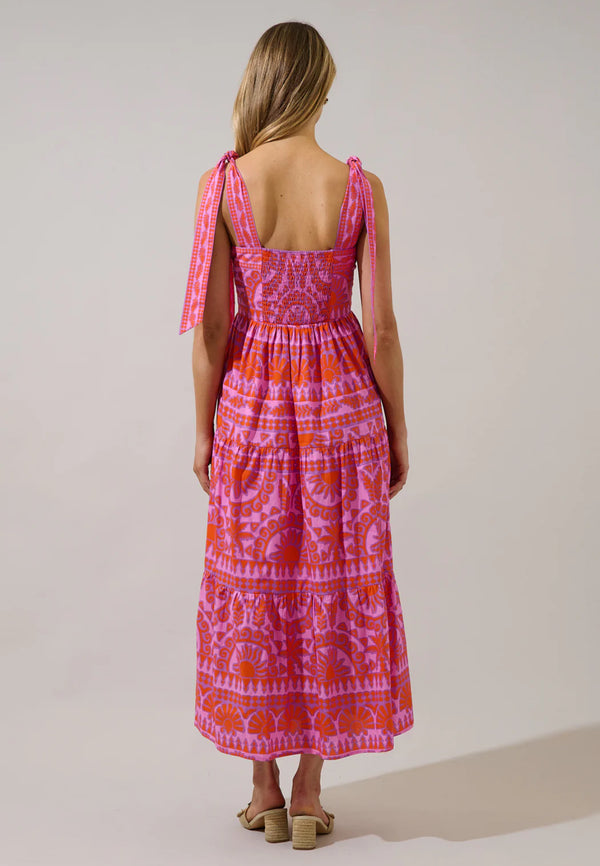 Tarie Tropical Emely Tiered Maxi Dress Pink & Orange