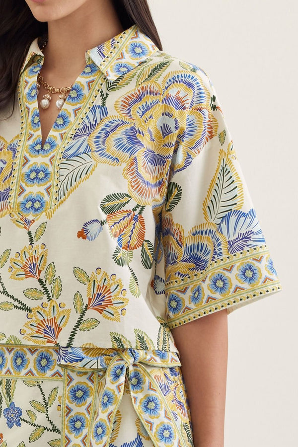Lt Blue Mix Botanical Print Short Sleeve Top