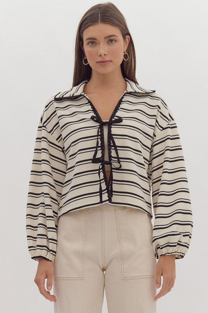 Lace Trim Tie Front Stripe Cardigan