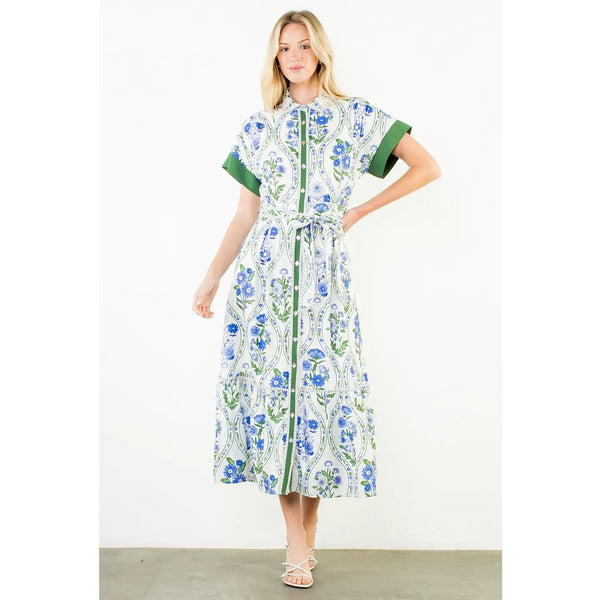 Maxi White & Floral Dress with Tie Waist