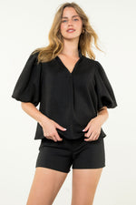 Black Puff Sleeve V-Neck Top