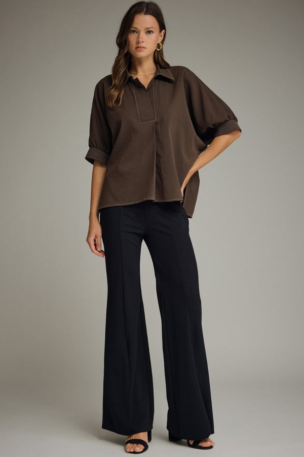 Brown Short Sleeve Top w Split V-Neck & Contrast Stitch detail