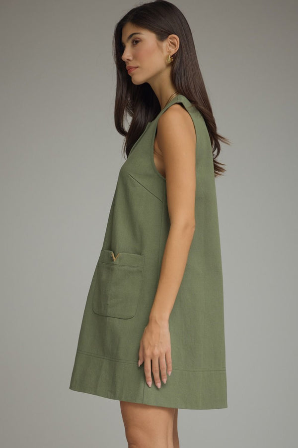 Olive Mini Dress Featuring Front Pockets With Metal Accent
