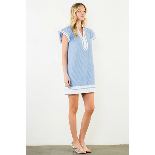 Blue Flutter Sleeve Striped V-Neck Dress