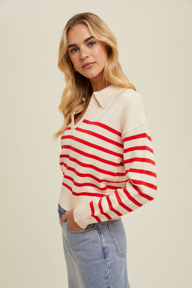 Red/Cream Striped Collared Sweater