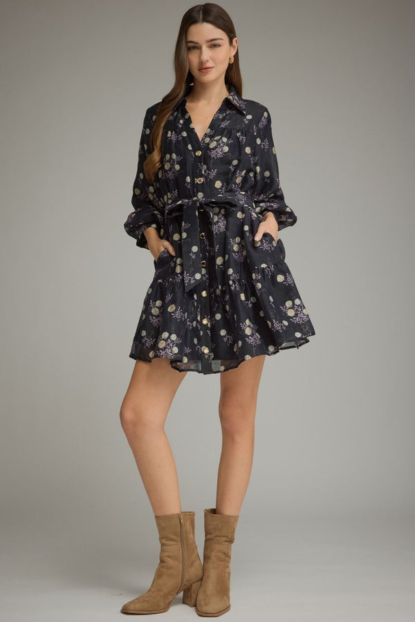 Lined Black & Purple Floral Print ¾ Balloon Sleeve Mini Dress