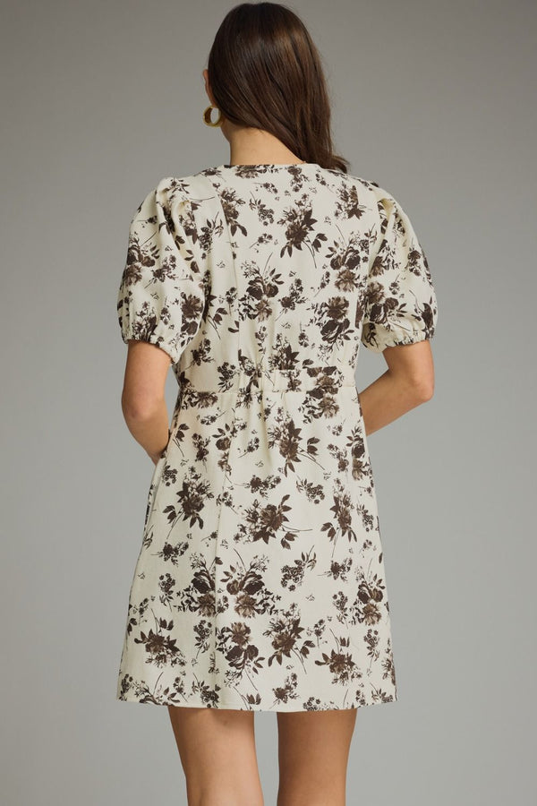 Ecru Floral Print V-neck Short Puff Sleeve Mini Dress