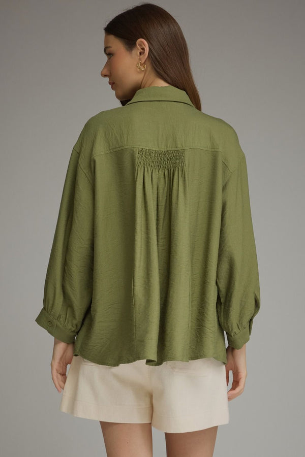 Solid Olive Long Sleeve Top featuring Smocked Detailing