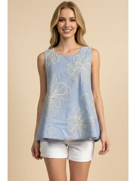 Lt. Blue Floral Embroidered Crew Neck Sleeveless Top