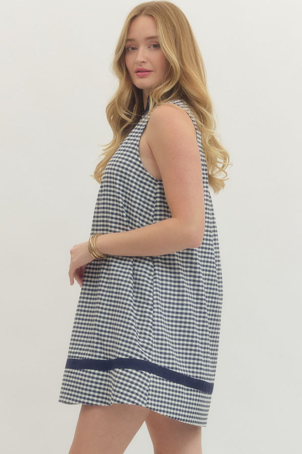 Navy Gingham Sleeveless Mini Dress w Contrast Trim
