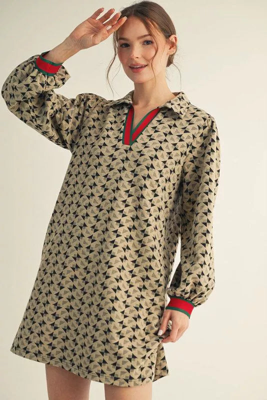 Puff Sleeve Geometric Print Shift Dress