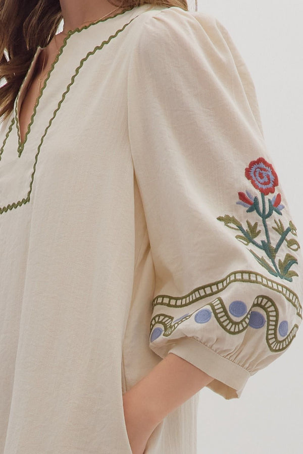 Ecru 3/4 Puff Sleeve Mini Dress Embroidered w Scallop Accent