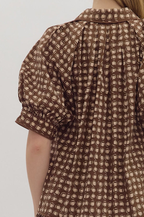 Brown Geometric Print Puff Sleeve Mini Dress