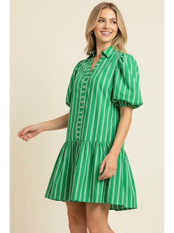 Stripe Green Puffed Sleeve Mini Dress